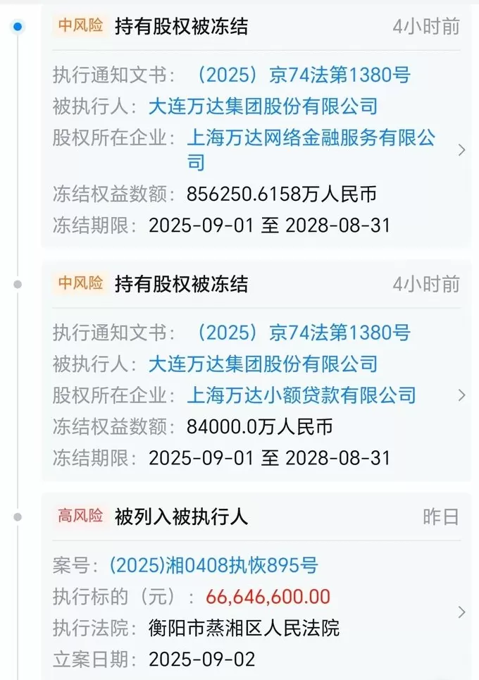万达集团所持94亿元股权被冻结，并被执行6664.66万元-第1张图片-