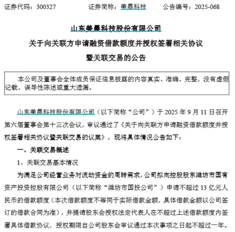 负债率 97.61%、净资产仅剩千万，美晨科技拟向股东潍坊国投借款13亿-第1张图片-