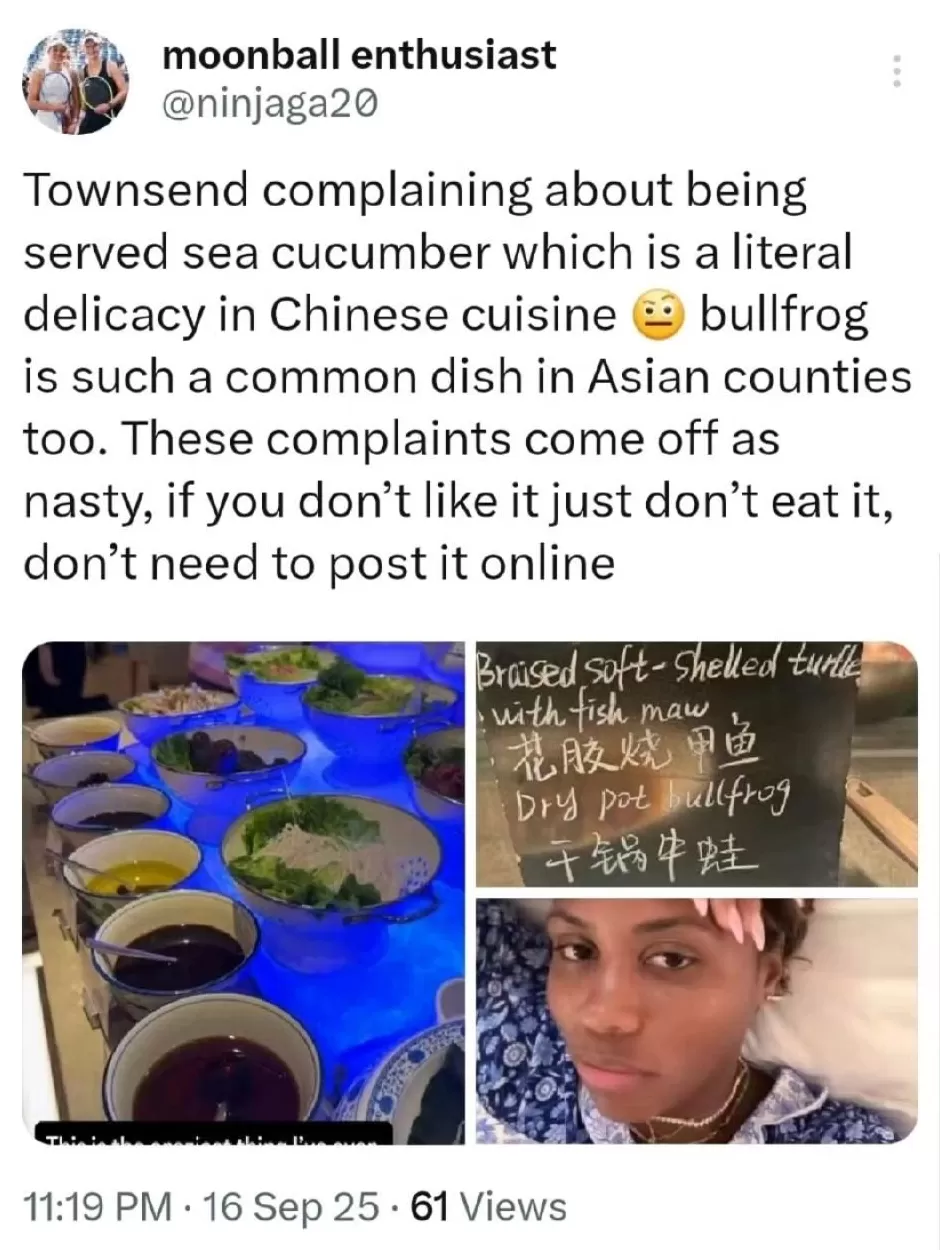 吐槽中国菜太恶心，美国网球手遭国外网友狂批，连夜发文致歉-第2张图片-