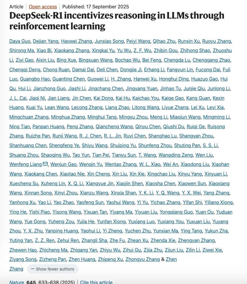 首个接受同行评审的大语言模型！DeepSeek-R1论文登《自然》封面，作者包括梁文锋-第1张图片-