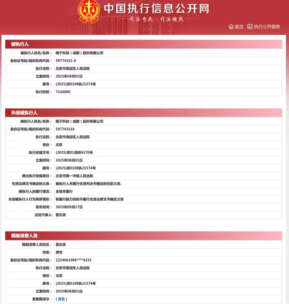 罗永浩实控的锤子科技成“老赖”-第1张图片-