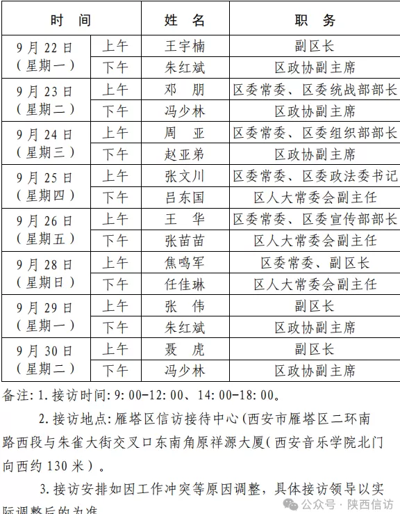 西安市各区县、西咸新区、开发区领导公开接访最新安排(9月22日—9月30日)-第4张图片- 西安市各区县、西咸新区、开发区领导公开接访最新安排(9月22日—9月30日)-第4张图片-
