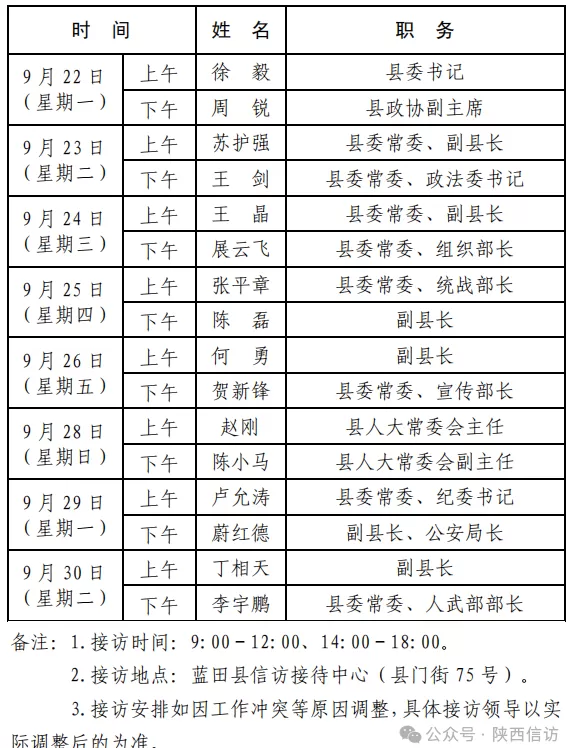 西安市各区县、西咸新区、开发区领导公开接访最新安排(9月22日—9月30日)-第12张图片- 西安市各区县、西咸新区、开发区领导公开接访最新安排(9月22日—9月30日)-第12张图片-