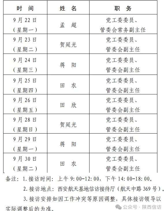 西安市各区县、西咸新区、开发区领导公开接访最新安排(9月22日—9月30日)-第20张图片- 西安市各区县、西咸新区、开发区领导公开接访最新安排(9月22日—9月30日)-第20张图片-