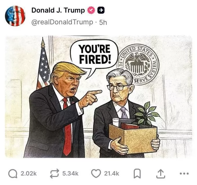 特朗普在社媒发卡通图片，威胁“解雇”鲍威尔-第1张图片-