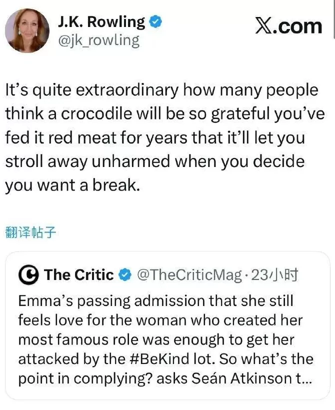 JK罗琳千字长文开撕“赫敏”艾玛·沃森示好！讽她挺跨性别言论无知假惺惺：你没资格代表《哈利·波特》-第9张图片-