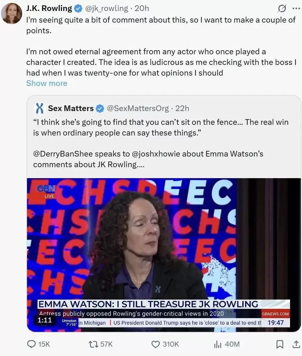 JK罗琳千字长文开撕“赫敏”艾玛·沃森示好！讽她挺跨性别言论无知假惺惺：你没资格代表《哈利·波特》-第10张图片-