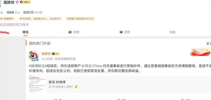 百万粉丝大V称“被陈震撞是种幸运”，微博平台回应：已经禁言-第1张图片-