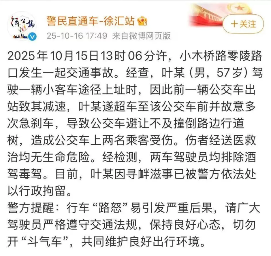 男子多次急刹，致公交车撞树！上海警方通报-第1张图片-