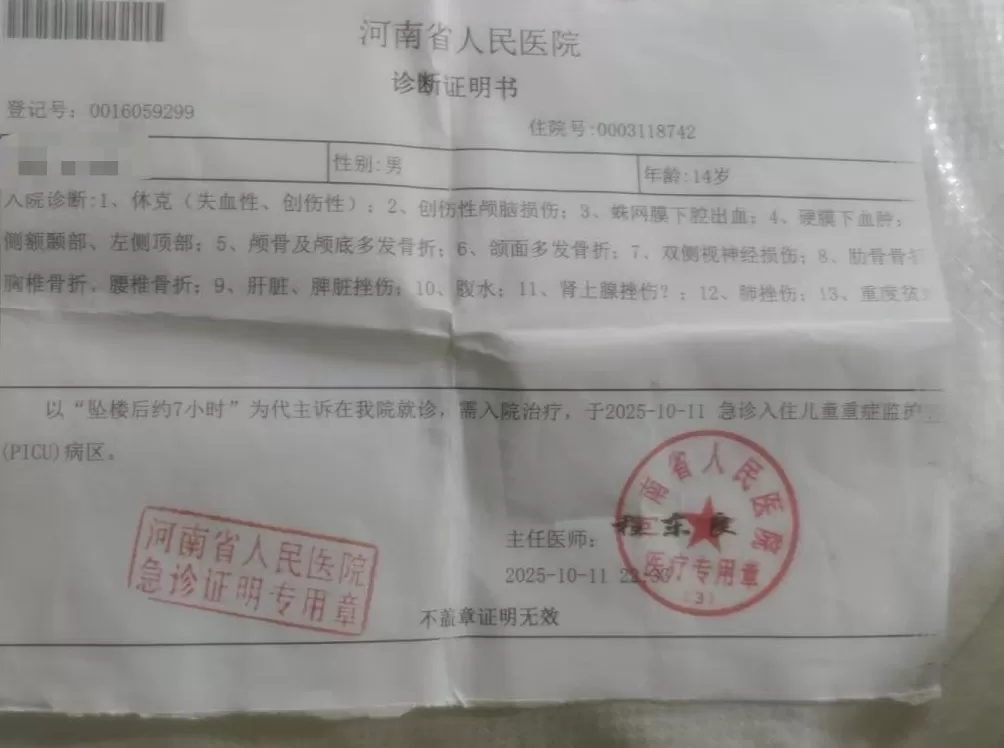 14岁自闭症少年坠楼后病危，母亲求助：已无力承担费用-第1张图片-