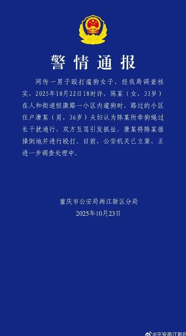 重庆一女子牵绳遛狗时被男子殴打，警方通报：已立案-第1张图片-