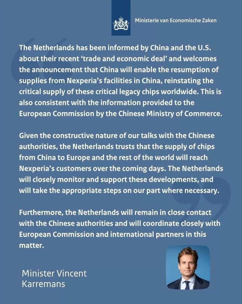 荷兰政府：预计安世中国将很快恢复芯片供应荷方将继续与中方、欧盟等密切协调-第1张图片-