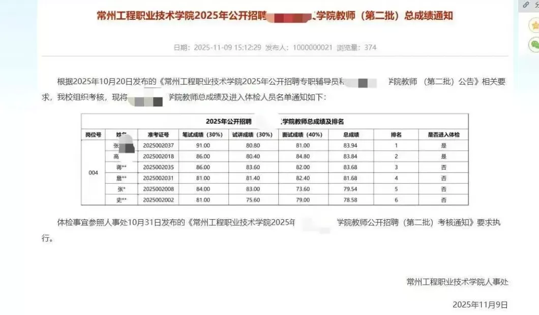 常州一高校招聘2名教师，进入体检环节的均为本校教师，校方：不存在萝卜岗-第1张图片-