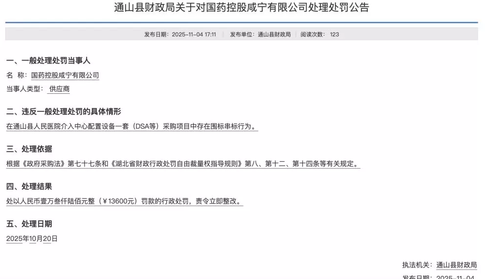 采购项目中存在围标串标行为，国药控股咸宁有限公司被罚13600元-第1张图片-