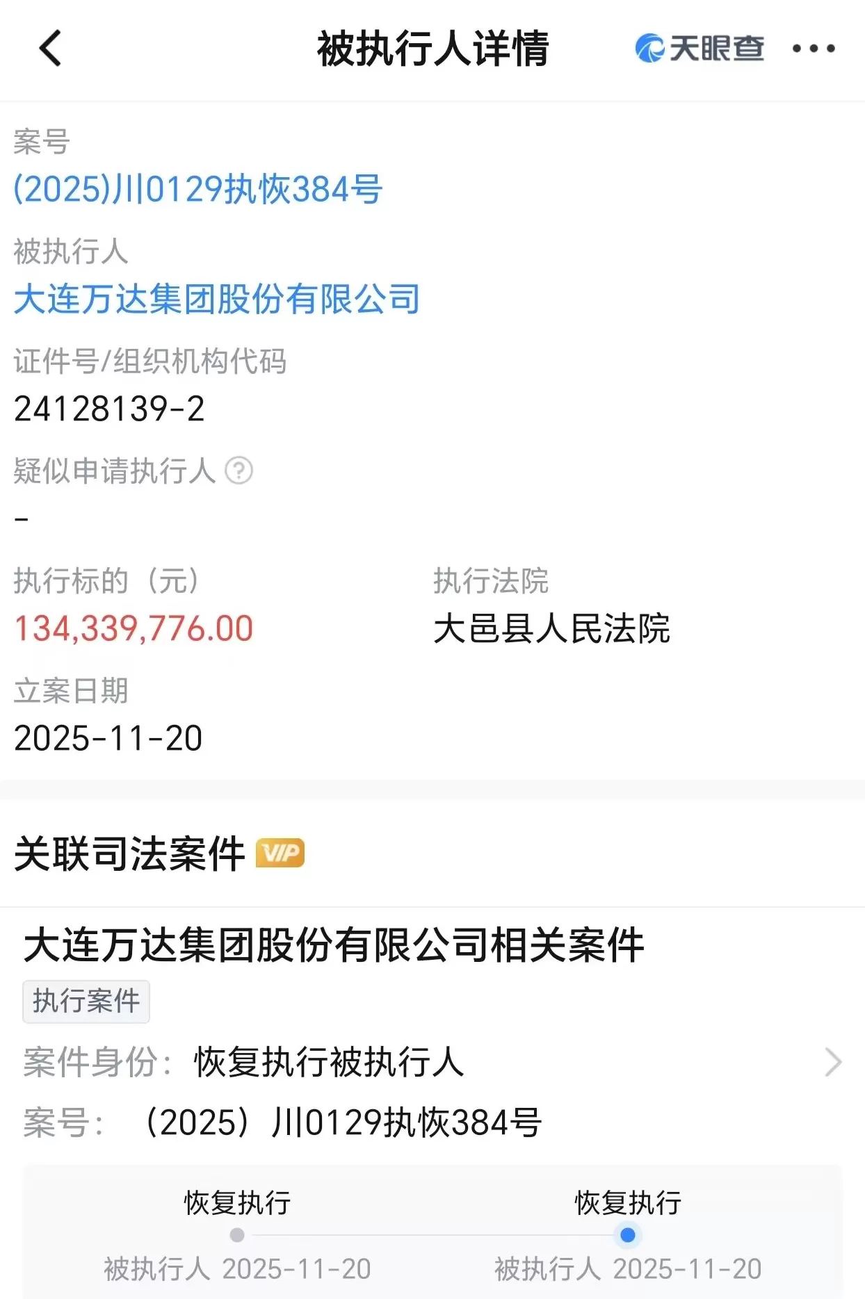 万达集团被恢复执行1.34亿元，被执行金额累计超120亿-第1张图片-