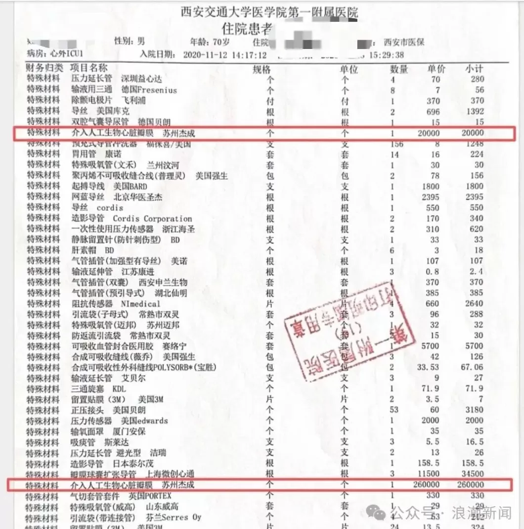 西安交大一附院再曝“瓣膜谜团”：出厂价3万多，医院收28万-第1张图片-