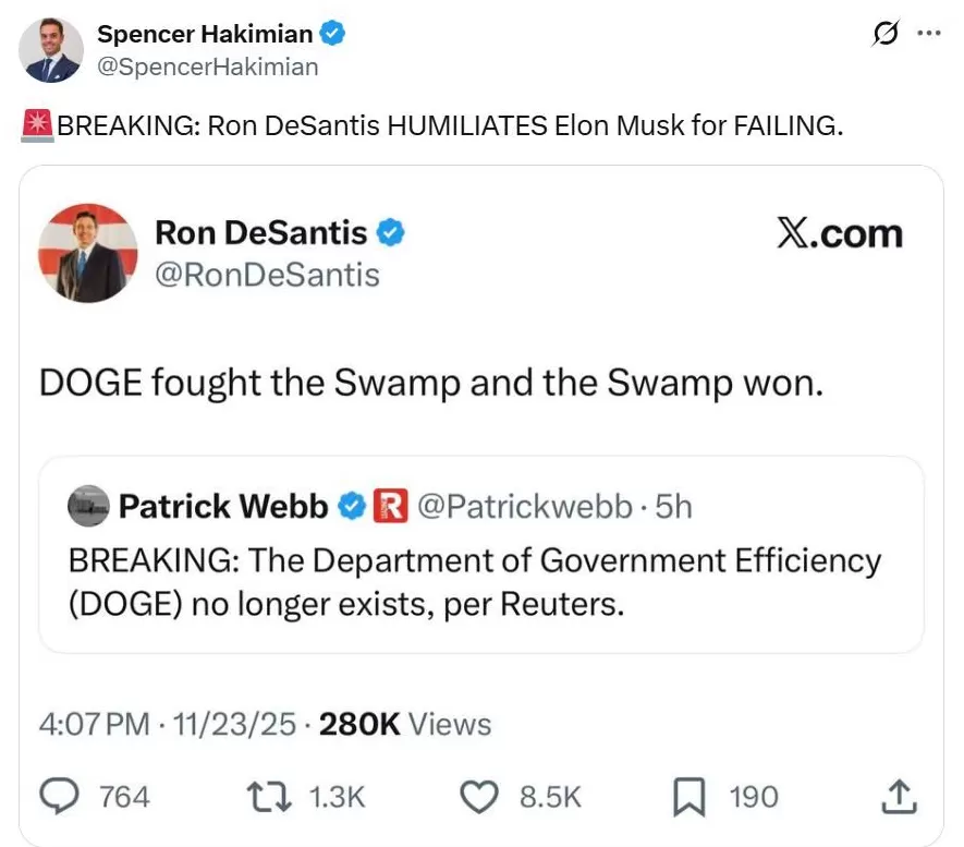 马斯克的“悲哀”!报道称:协议还有八个月,但DOGE“已不存在”-第1张图片- 马斯克的“悲哀”!报道称:协议还有八个月,但DOGE“已不存在”-第1张图片-